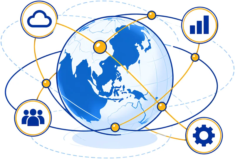 Bola dunia berpusat di Asia Tenggara dengan ikon data dan jaringan
