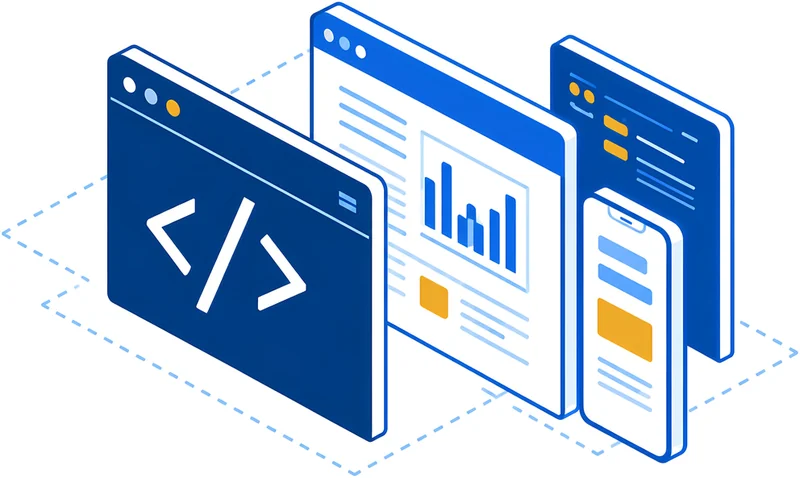 Jendela kode, dashboard web, dan aplikasi ponsel